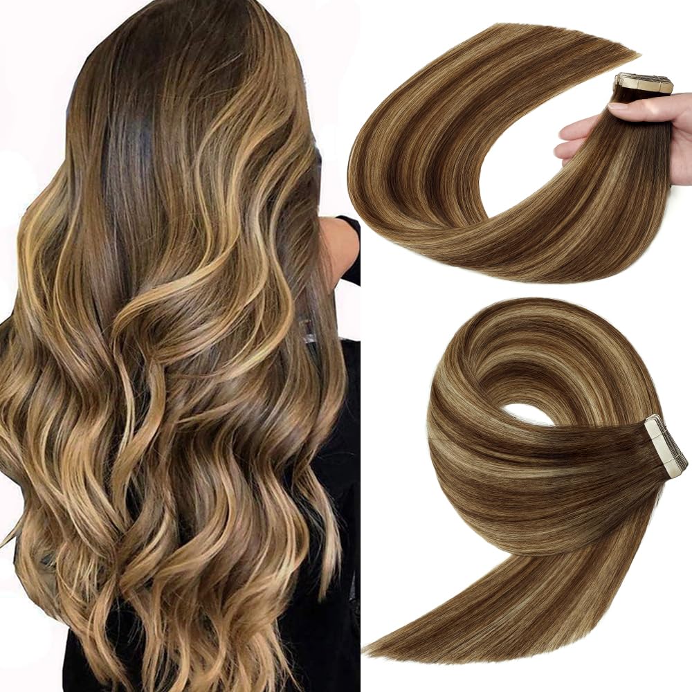 Yddm 24&quot; Human Hair Tape In Extensions, Chocolate Brown Mixed Honey Blonde, 20Pcs Seamless