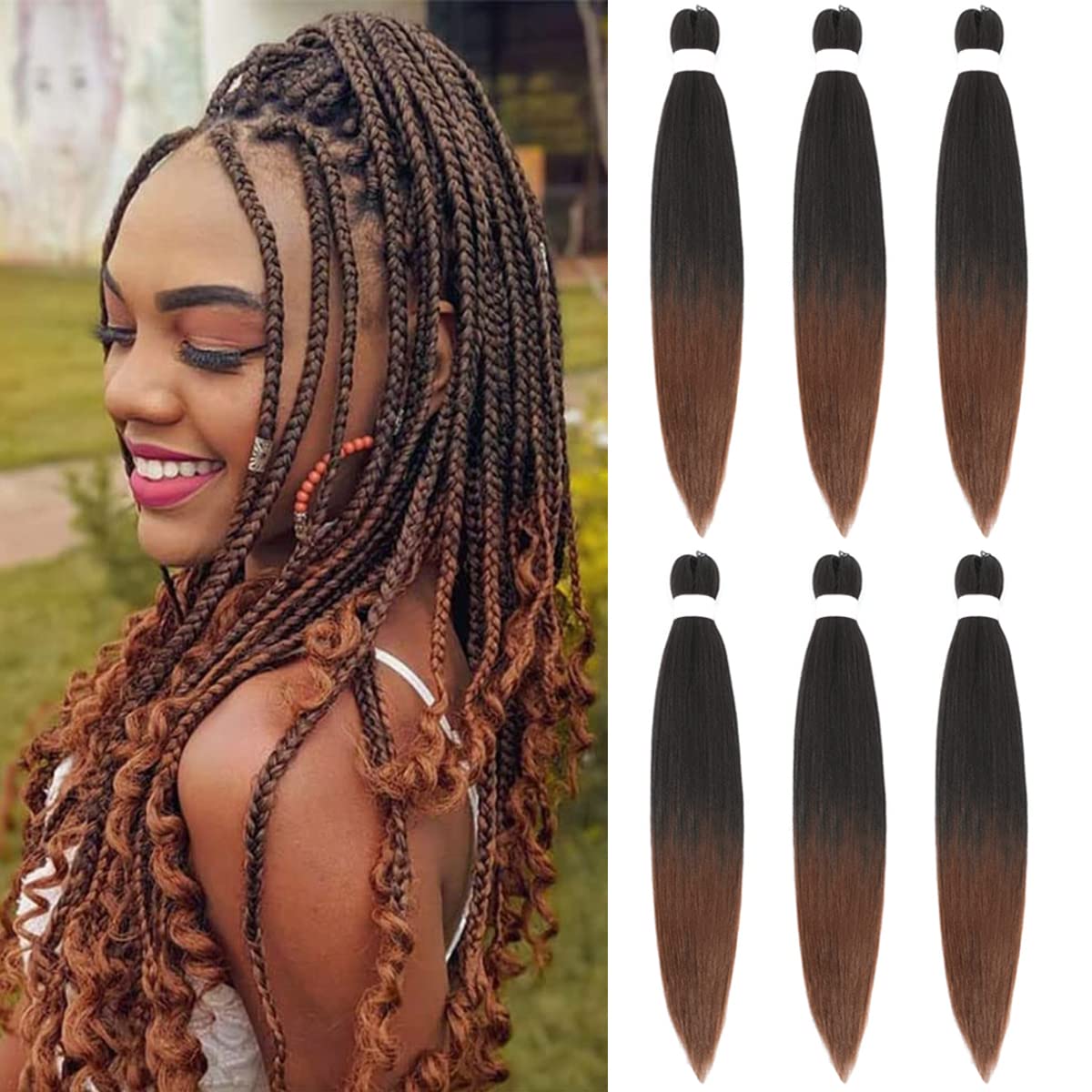 Alremyssy Ombre Brown Pre Stretched Braiding Hair 26 Inch, Yaki Texture, 6 Pcs For Box