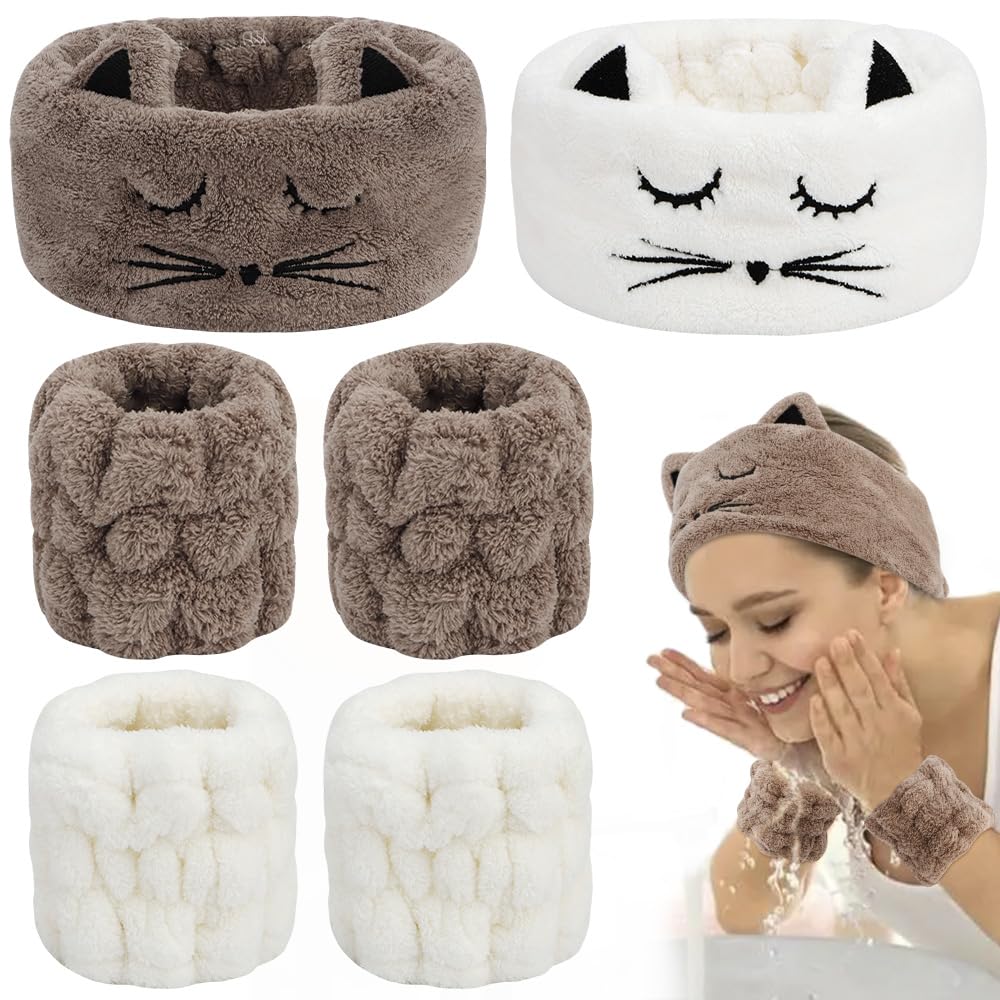 Ahoney Cute Animals Face Washing Headband Set, Brown & White Microfiber Hair Bands For Women