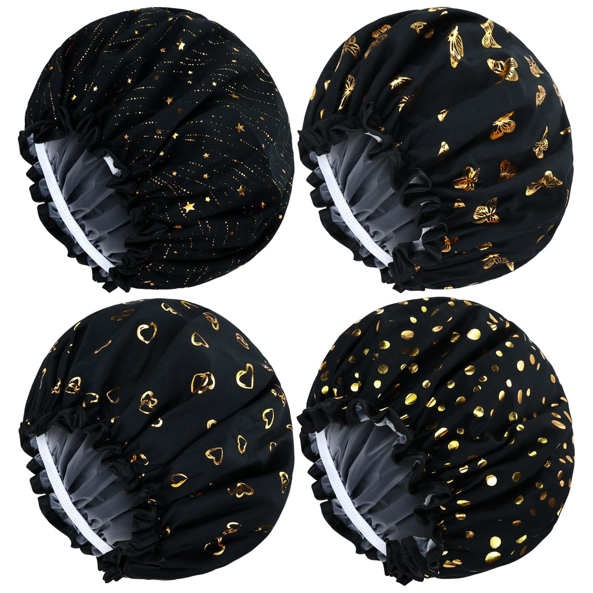 Lawie 4 Pack Waterproof Satin Shower Caps, Adjustable Peva Bonnets For Women & Girls - Black Floral