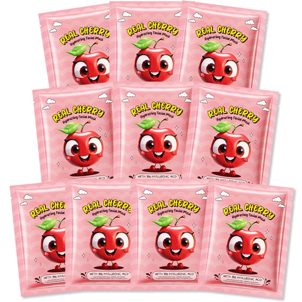 Kaely Cherry Face Masks For Kids - 10 Pack Spa Party Skincare, Moisturize & Brighten