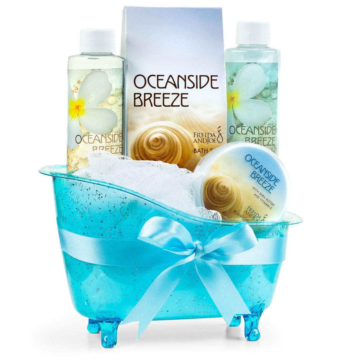 Freida and Joe Home Spa Bath Basket - 6 Piece Blue Shower Gel, Bubble Bath & Body Lotion Set