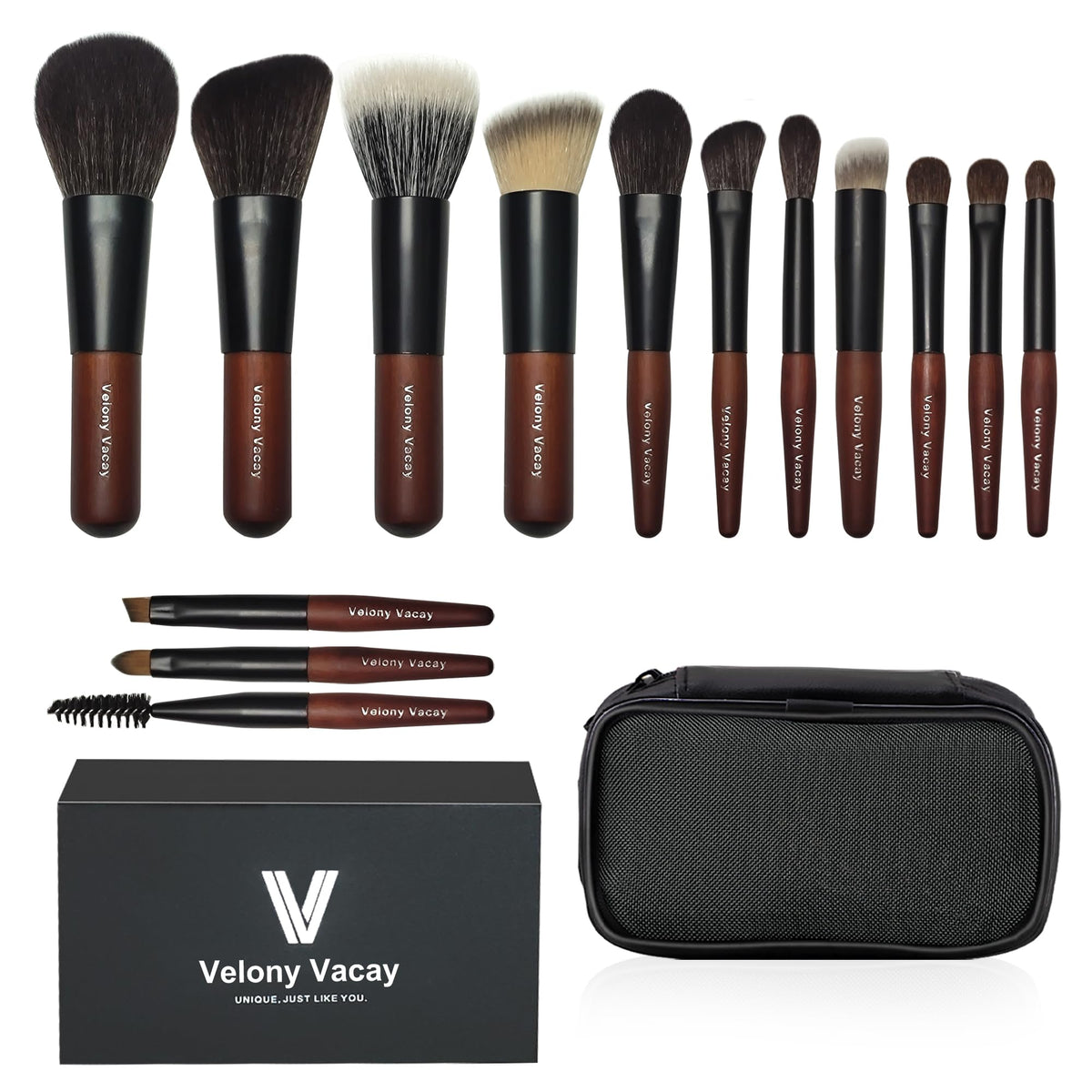 Velony Vacay Travel Makeup Brush Set - 14Pcs Mini Brushes For Foundation, Eyeshadow & Contour