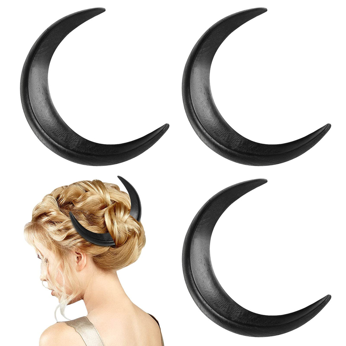 Taiyin 3 Pcs Wooden Moon Hairpins For Women - Hand Carved Hair Accessories, Black