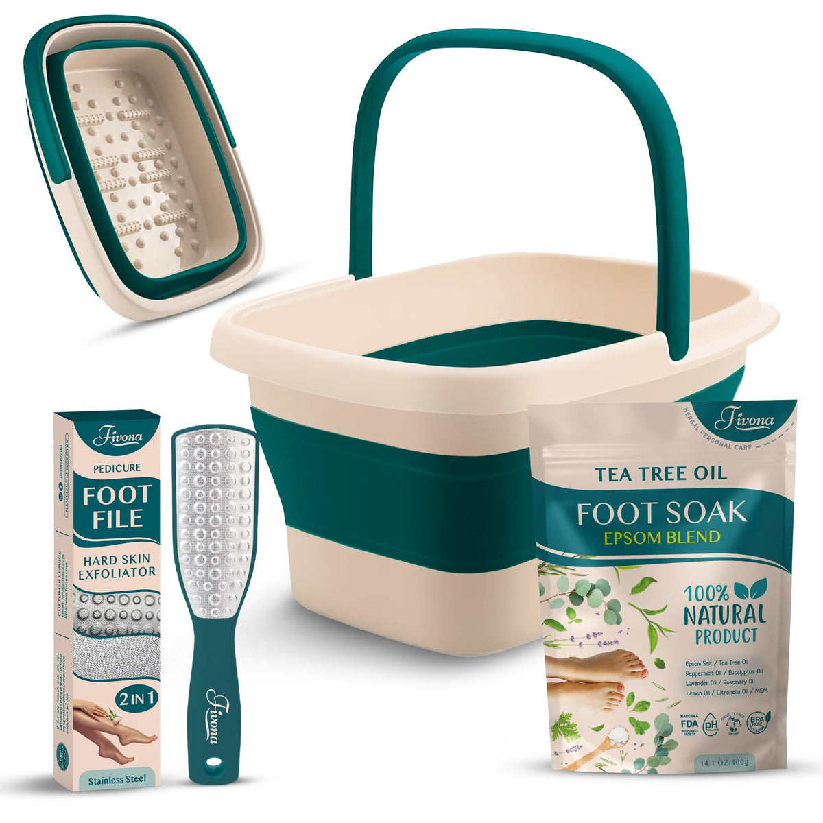 Fivona 3 In 1 Foot Care Kit - Epsom Salt Soak, Essential Oils & Collapsible Basin