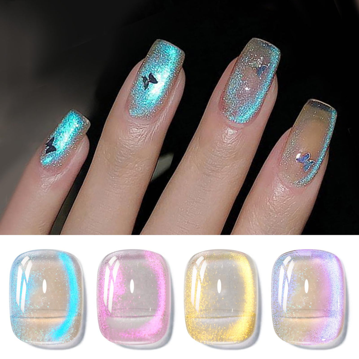 Born Pretty Cat Magnetic Gel Nail Polish Set - Blue Tears Auroras, 4Pcs Holographic Glitter