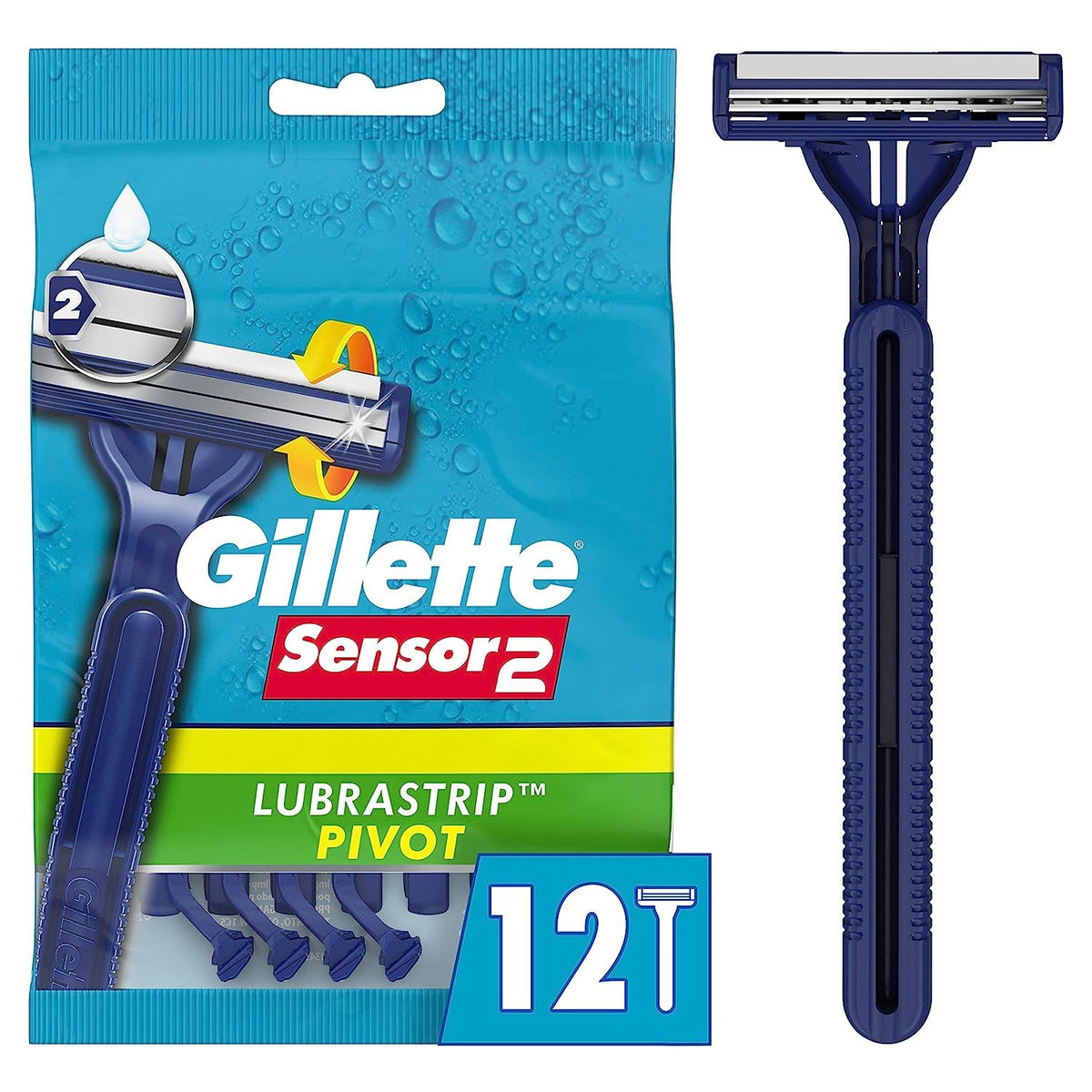 Gillette Sensor2 Men'S Disposable Razors, Pivoting Head With Lubrastrip, 12 Count