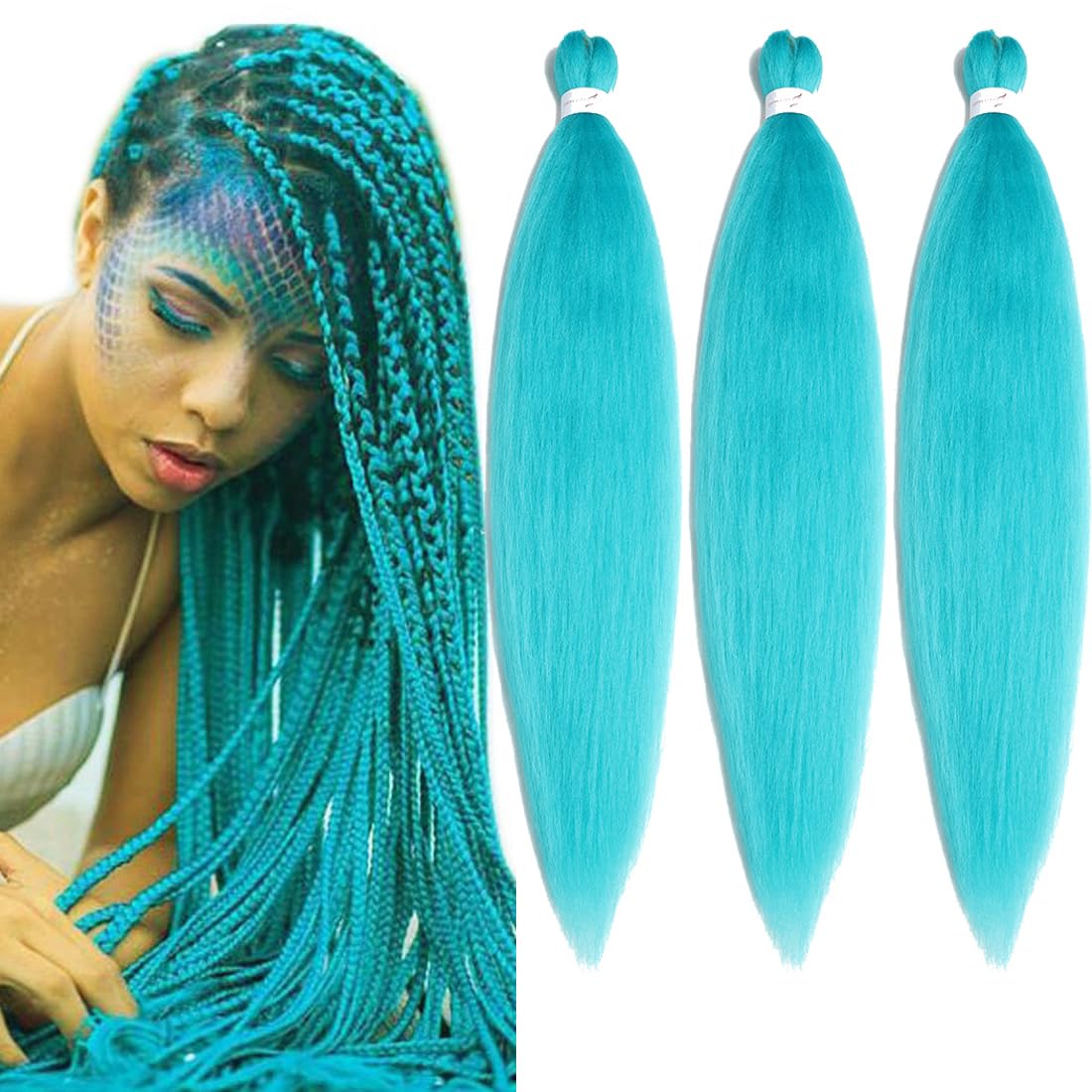 Hensleely 30 Inch Cyan Blue Pre Stretched Braiding Hair - 3 Packs Synthetic Fiber For Crochet Braids