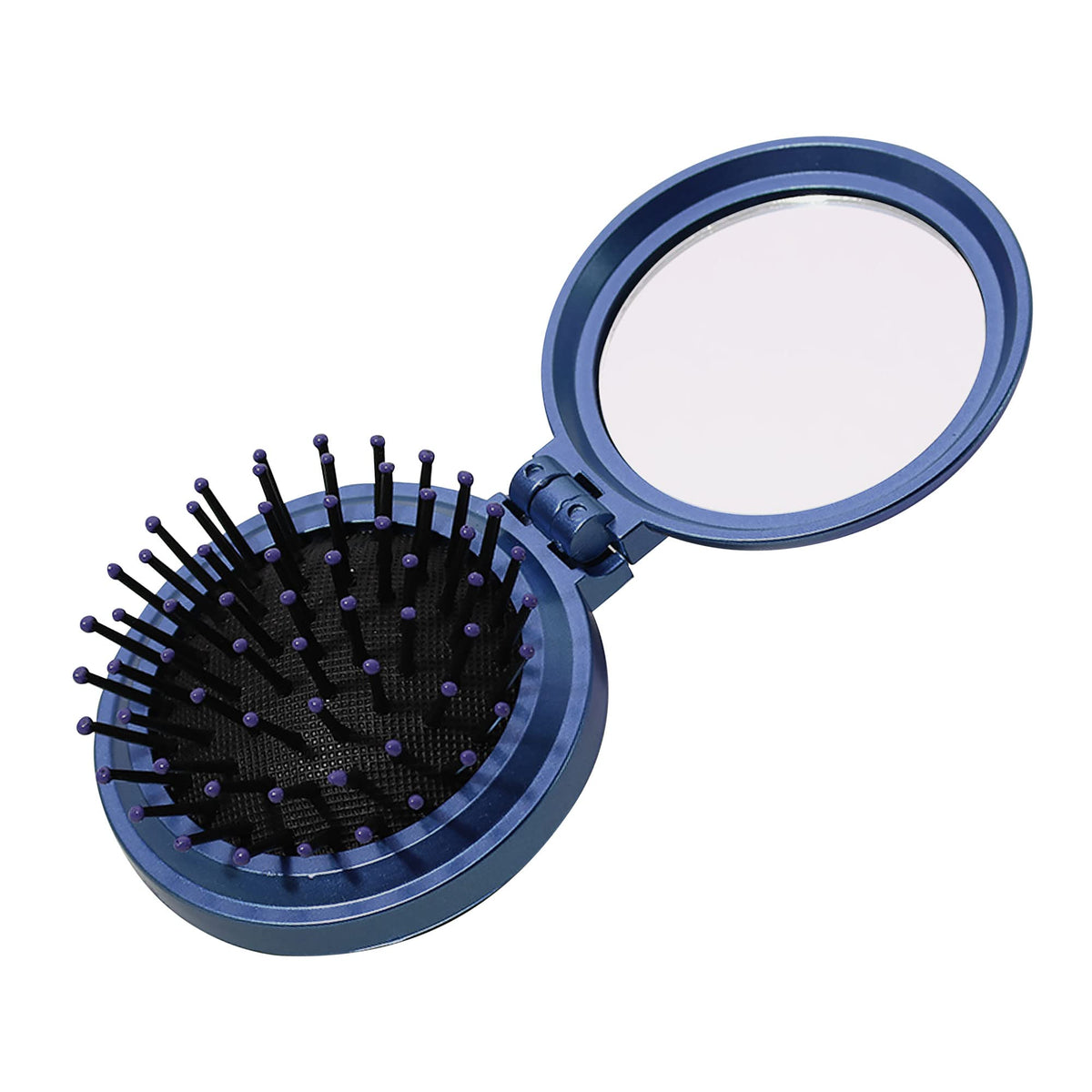 1St Choice Mini Folding Hair Brush With Mirror - Compact Navy Blue Travel Comb For Girls & Women