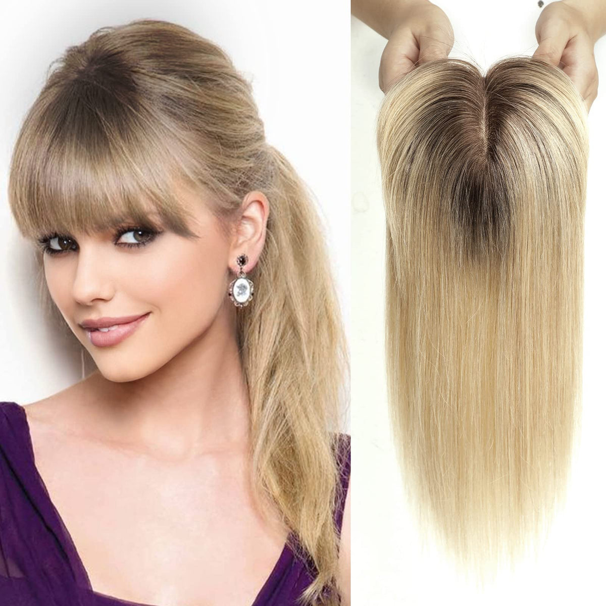 Haircube 14&quot; Ombre Light Blonde Human Hair Topper With Bangs, 100% Remy, 150% Density