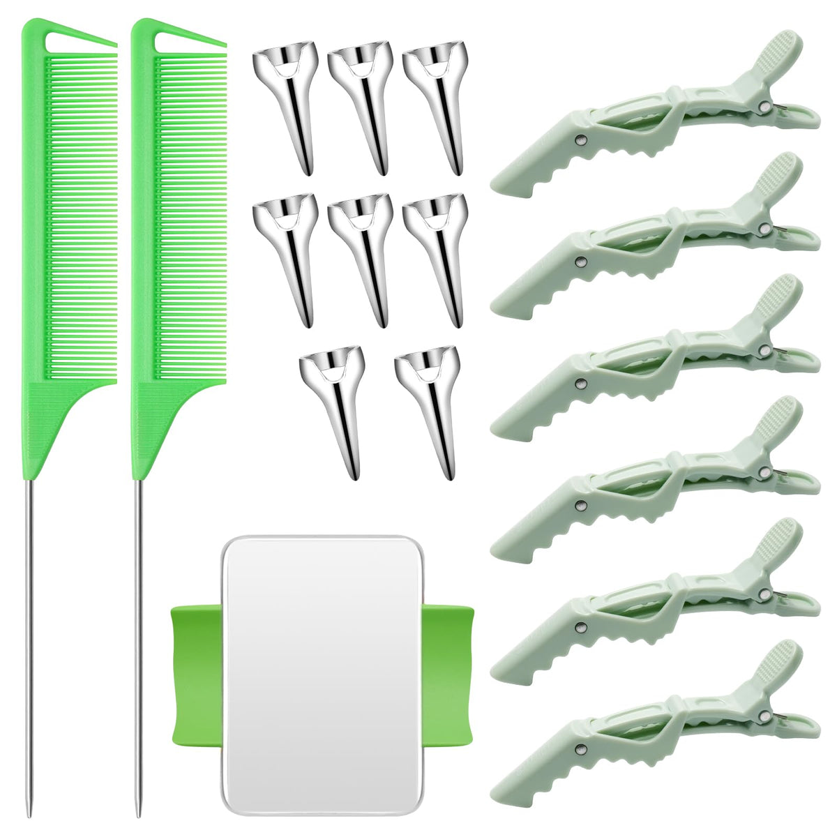 Coldairsoap 17-Piece Hair Styling Tool Set - Green Sectioning Rings, Combs, Clips & Wrist Pin Holder