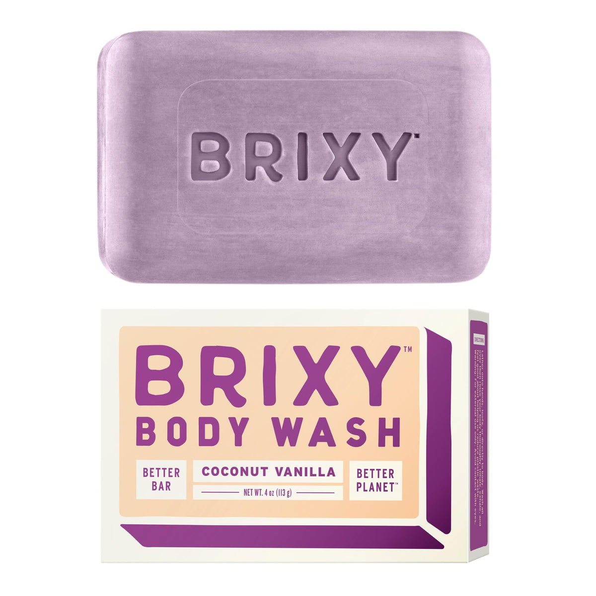 Brixy Vegan Body Wash Bar, Coconut Vanilla, 2-Pack, Softens Skin, All Skin Types, Plastic Free