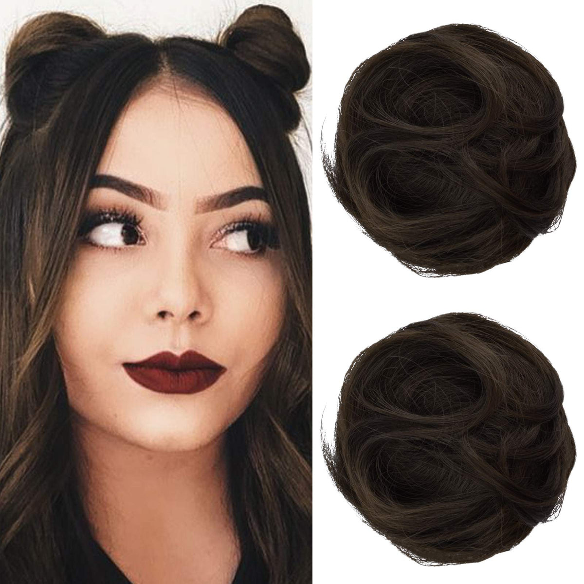 REECHO 2 PCS Space Bun Hair Pieces - Medium Ash Brown Claw Clip Extensions for Women & Girls