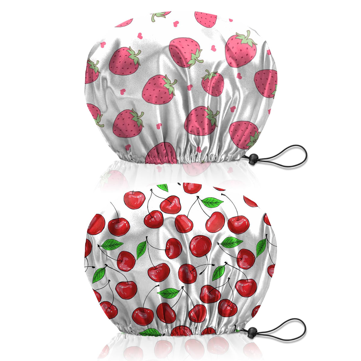 Bhahb 2 Pcs Reusable Waterproof Shower Caps, Adjustable Elastic Hair Bath Caps - Strawberry Cherry