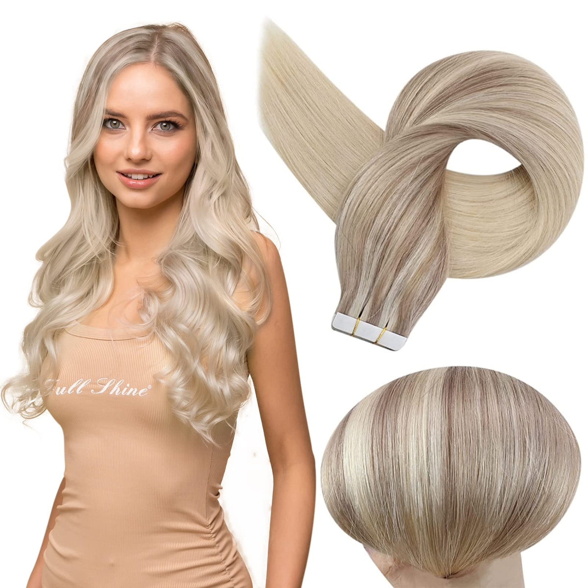 Full Shine 16&quot; Tape in Hair Extensions, Human Hair, Balayage Ash Blonde to Blonde, 50g