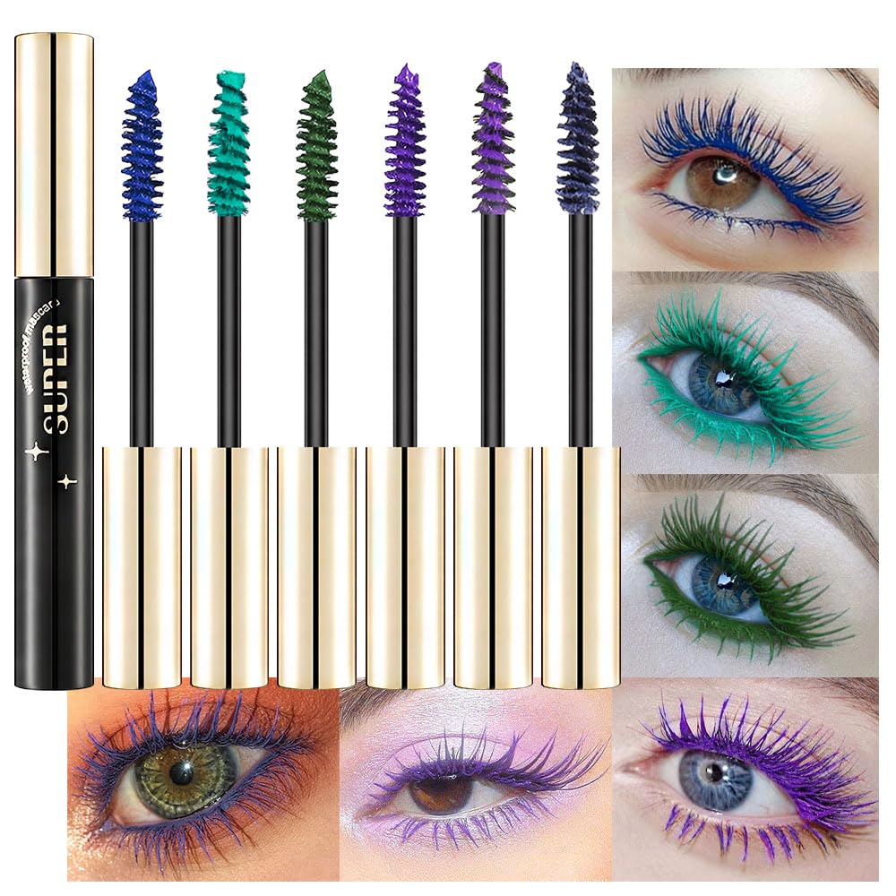 Bingbrush Colored Waterproof Mascara Set - 6 Pcs Long Lasting Vegan Eye Makeup, Blue/Green/Purple