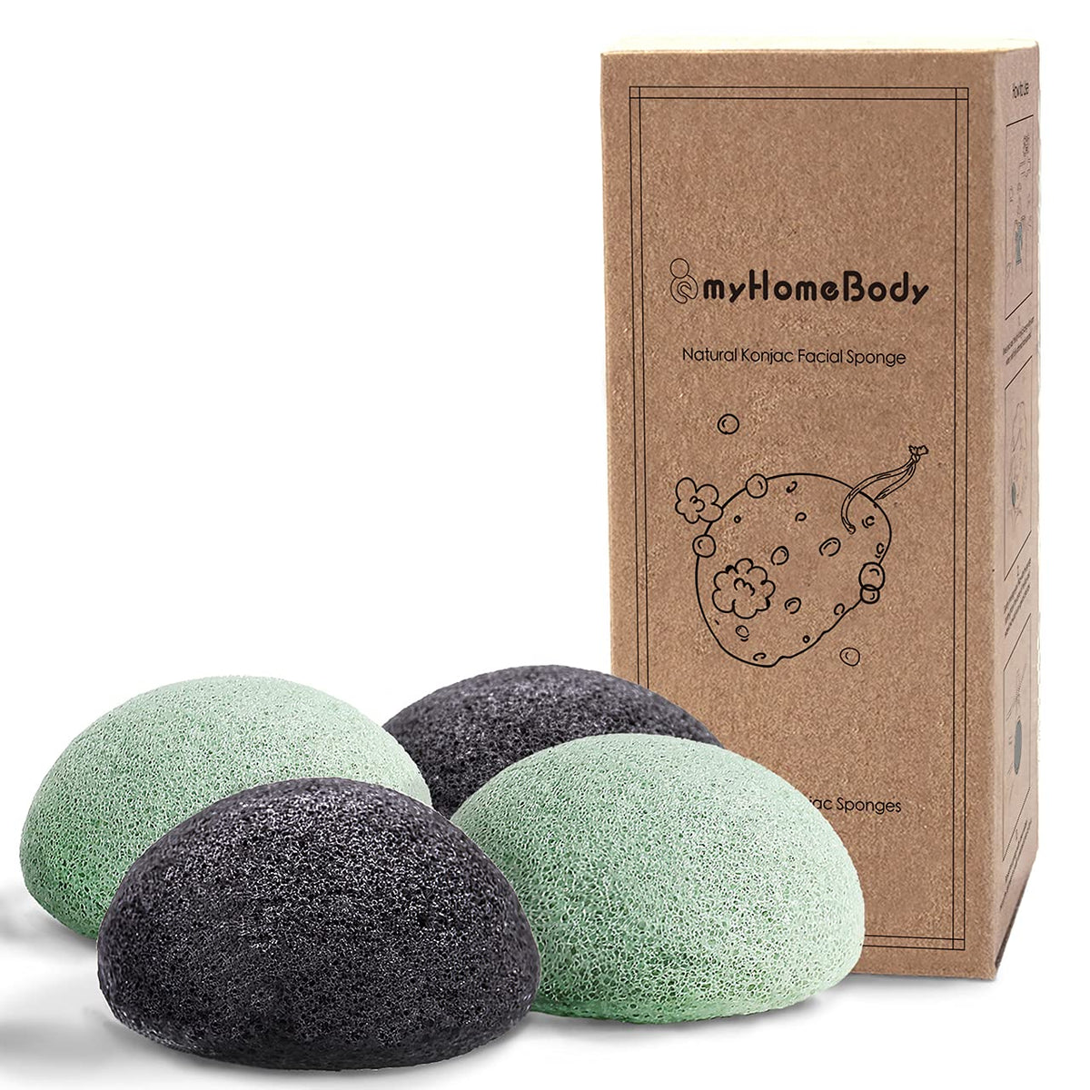 Myhomebody Natural Konjac Facial Sponges With Charcoal & Aloe Vera - 4Pc Exfoliating Set