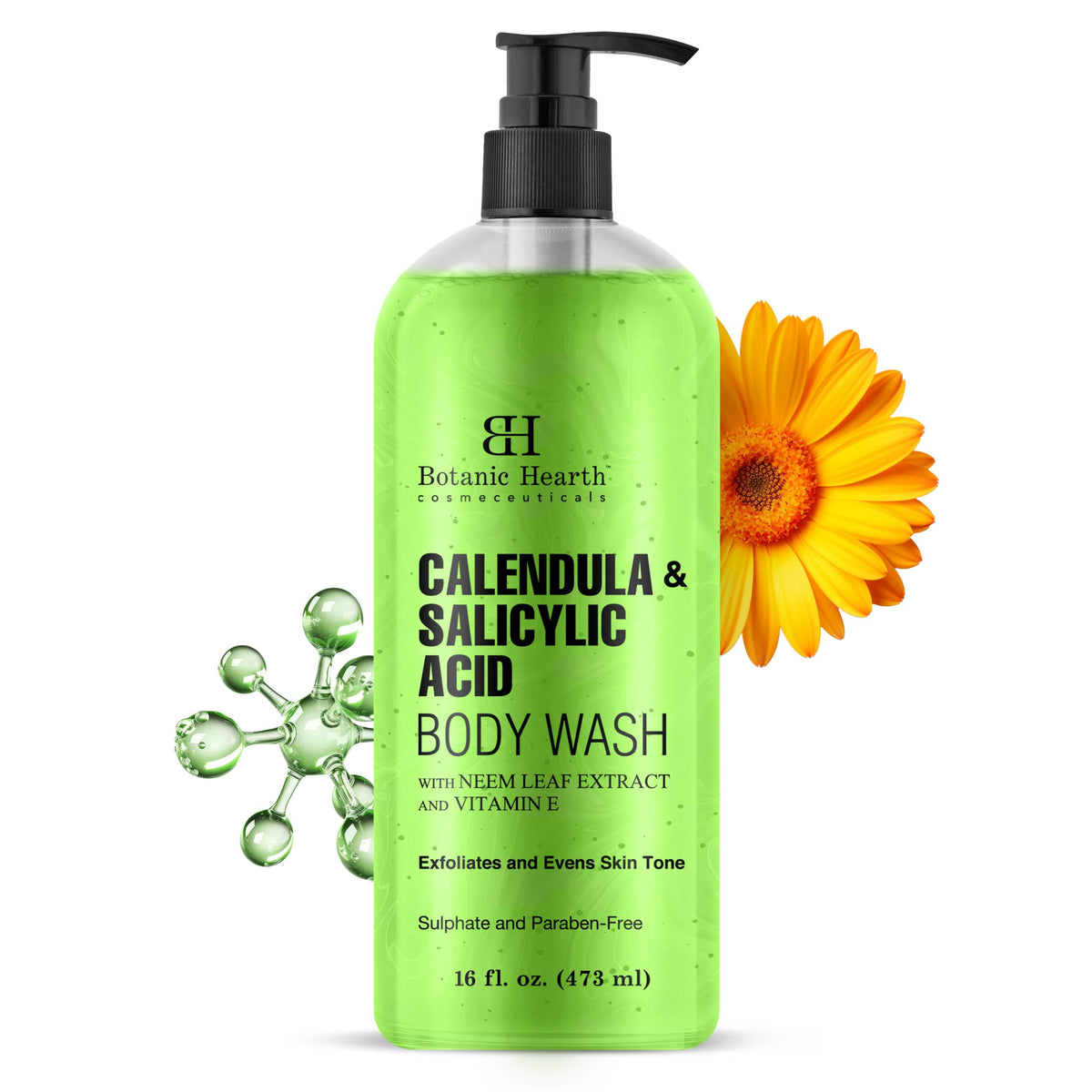 Botanic Hearth Calendula & Salicylic Acid Body Wash 16 Fl Oz - Acne Prevention, Exfoliating Gel