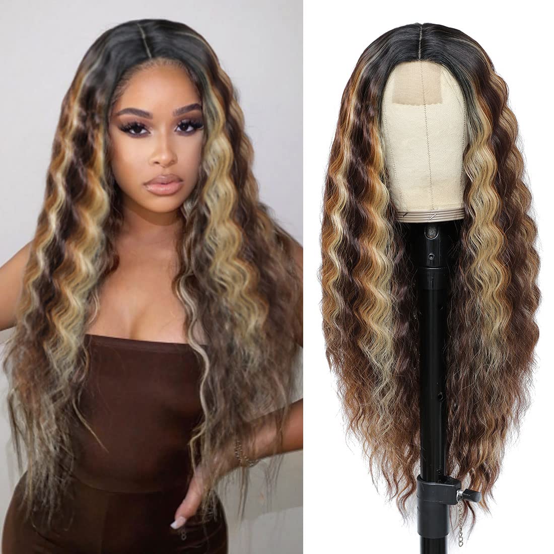 Clione Long Deep Wave Wig 28&quot; Brown Mixed Blonde Lace Front Synthetic Hair For Women