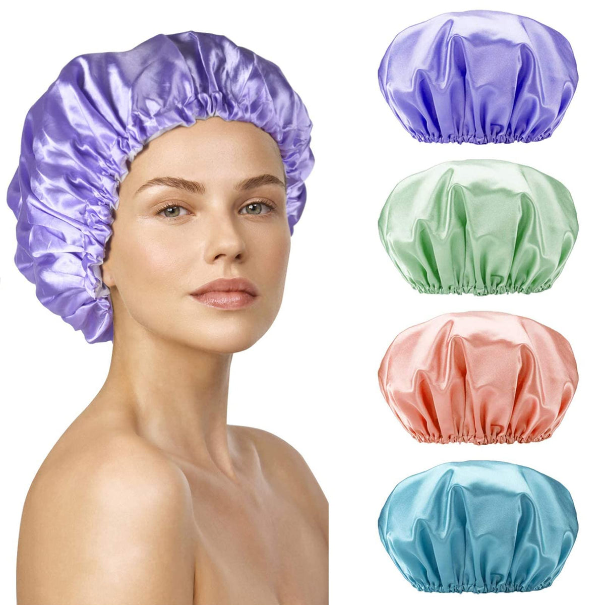 Smilco 4 Pack Reusable Shower Caps, Double Waterproof Eva Hair Protection For Women