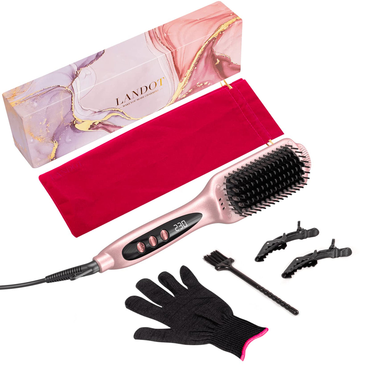 Landot Rose Gold Negative Ion Hot Brush Hair Straightener - Ceramic Heated Styling Brush