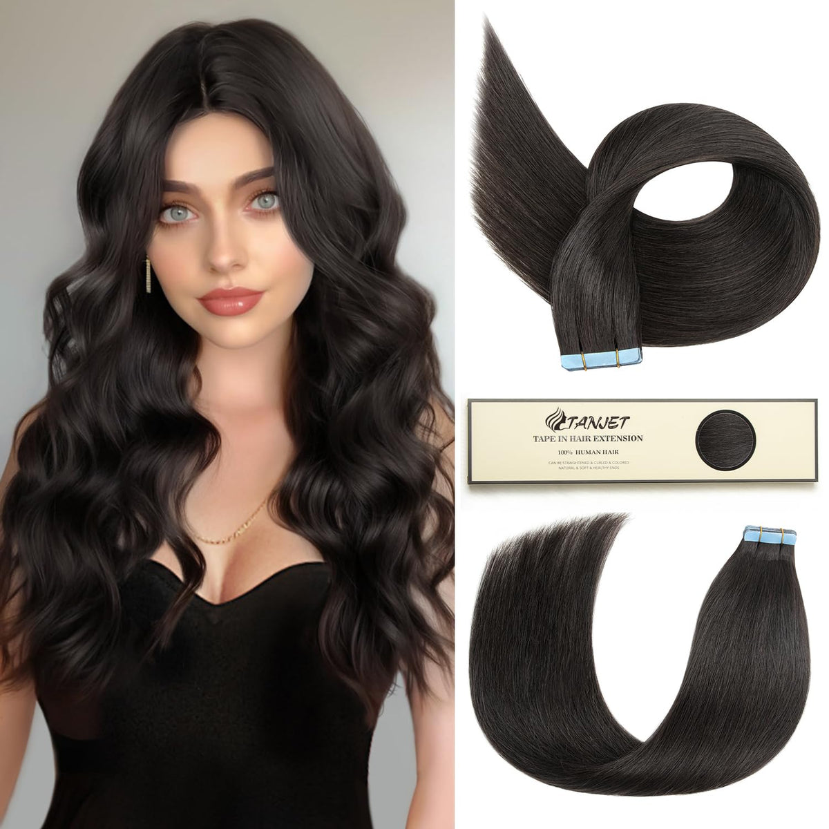 Tanjet Off Black 22 Inch Tape In Hair Extensions - 50G/Pack, 20Pcs Human Hair Seamless Weft