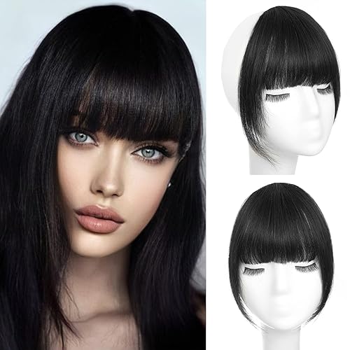 WECAN 100% Human Hair Clip-in Bangs, Natural Black Fringe for Women, Curved Daily Wear