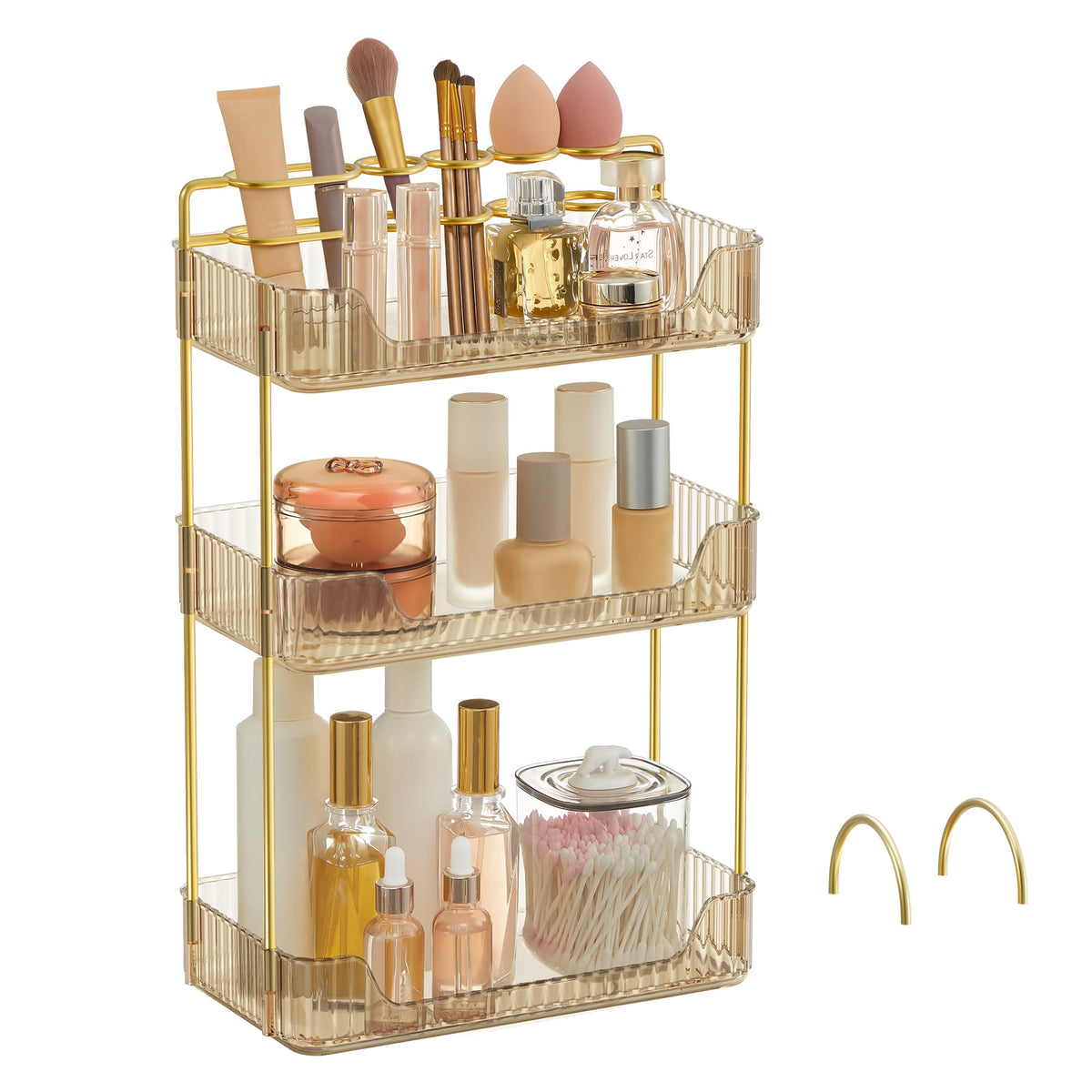 Songmics 3-Tier Makeup Organizer - Customizable Skincare & Jewelry Holder, Champagne Gold