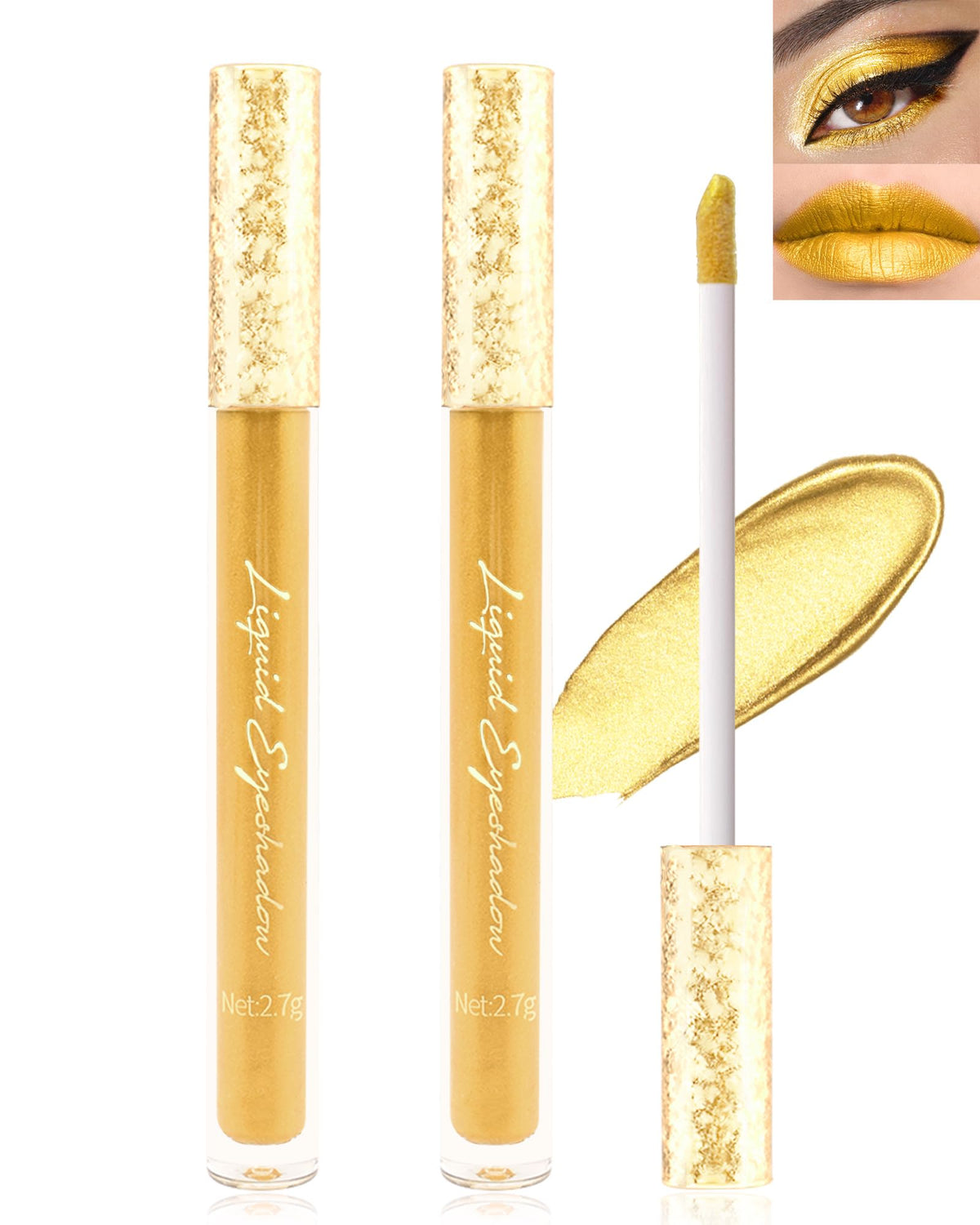 Lysdefeu Gold Yellow Metallic Lip Gloss 2Pcs - Longlasting Waterproof Shimmer Lipstick