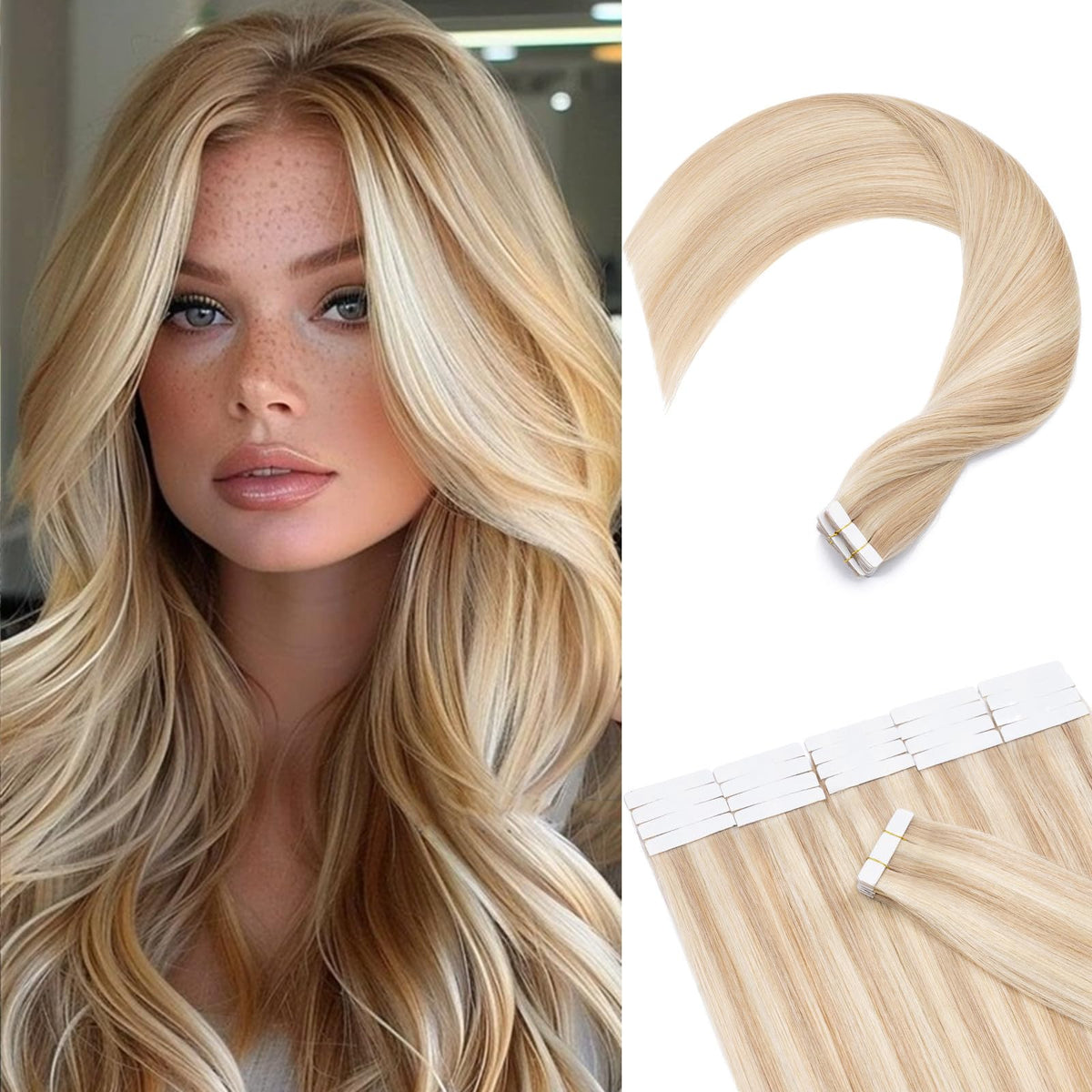 Rich Choices 22&quot; Tape In Hair Extensions 30G Remy Human Hair Ash Blonde Highlighted #18P613