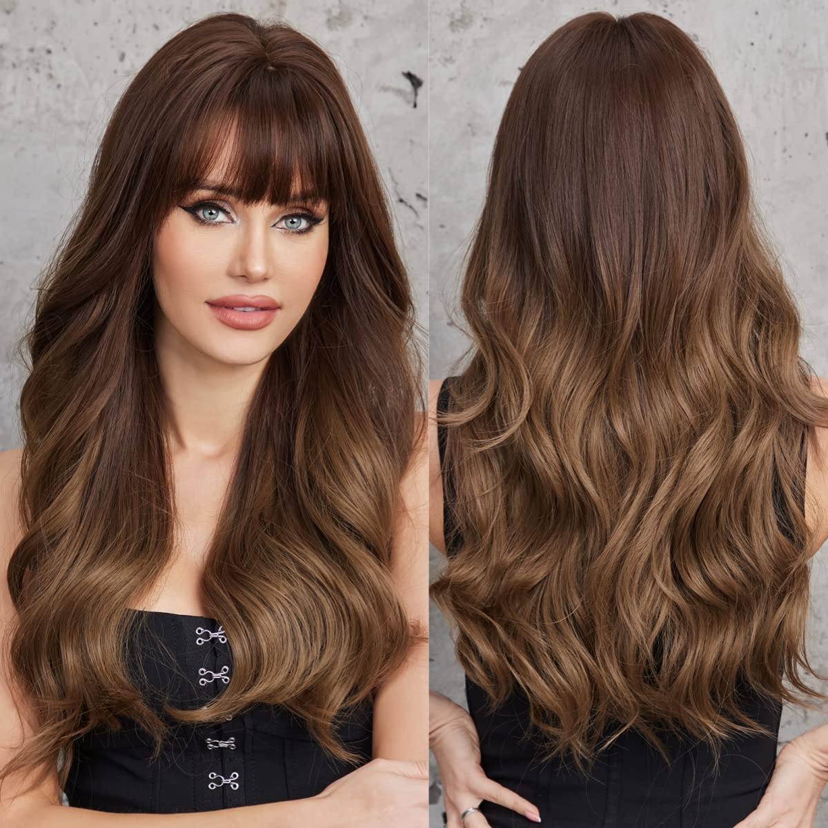 Emmor Ombre Brown Long Curly Wig With Bangs - Heat Resistant Synthetic Hair, Soft & Natural