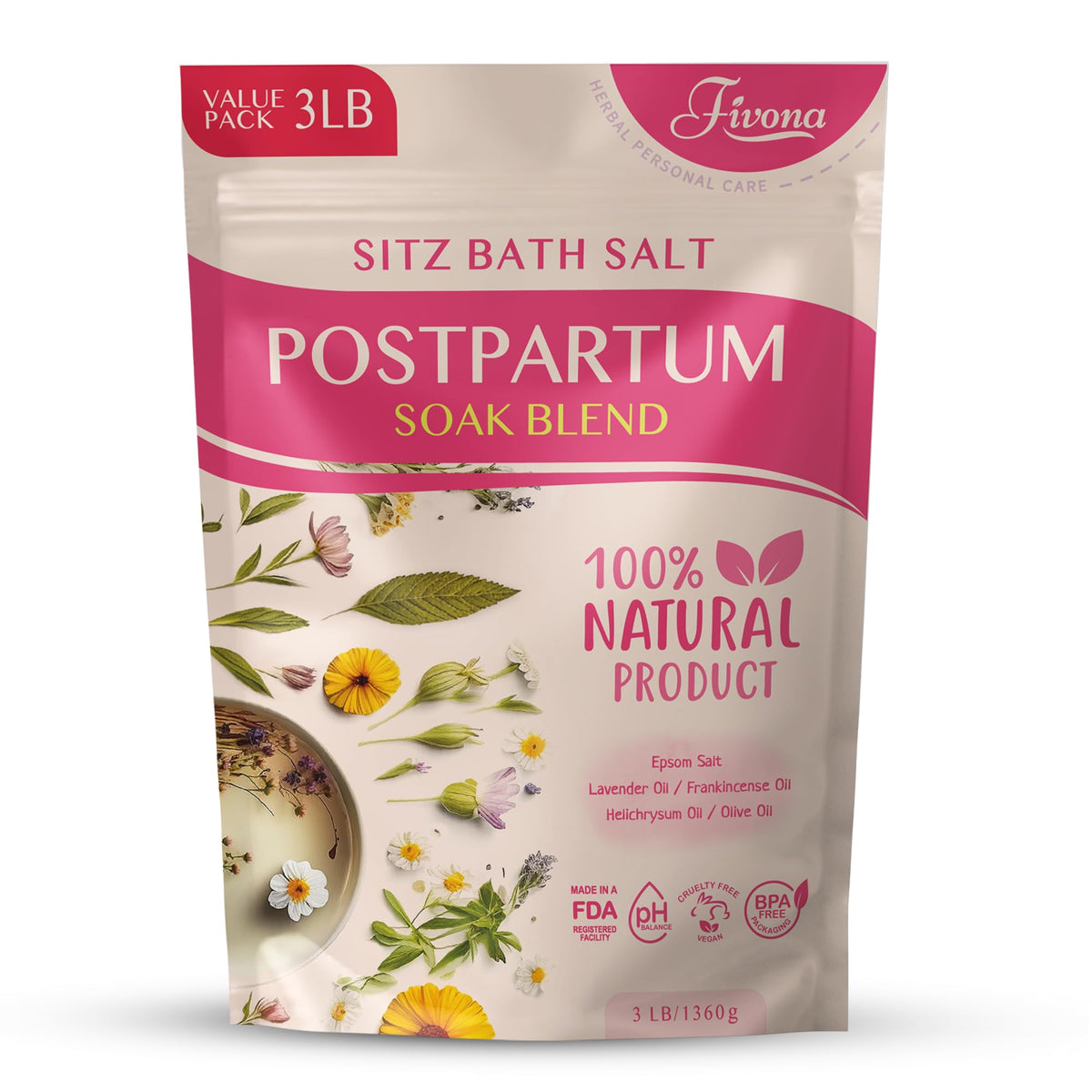 Fivona Postpartum Soak Blend 48Oz - Epsom Salt Sitz Bath Salt For Soothing Recovery & Perineal Care