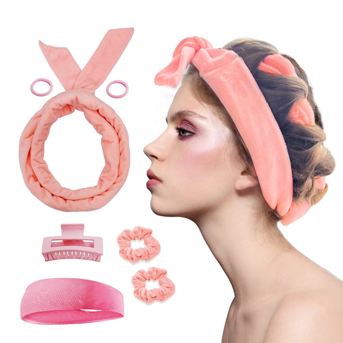 Fitifun Heatless Hair Curler - 61&quot; Cotton Curling Rod Headband For Long Curls, Pink 4 Piece Set