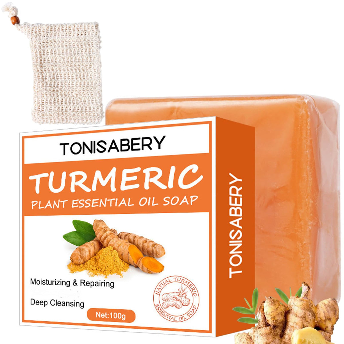 Veabest Ginger Soap Bar - Turmeric Handmade Moisturizing Soap With Exfoliating Bag, 3.53 Oz