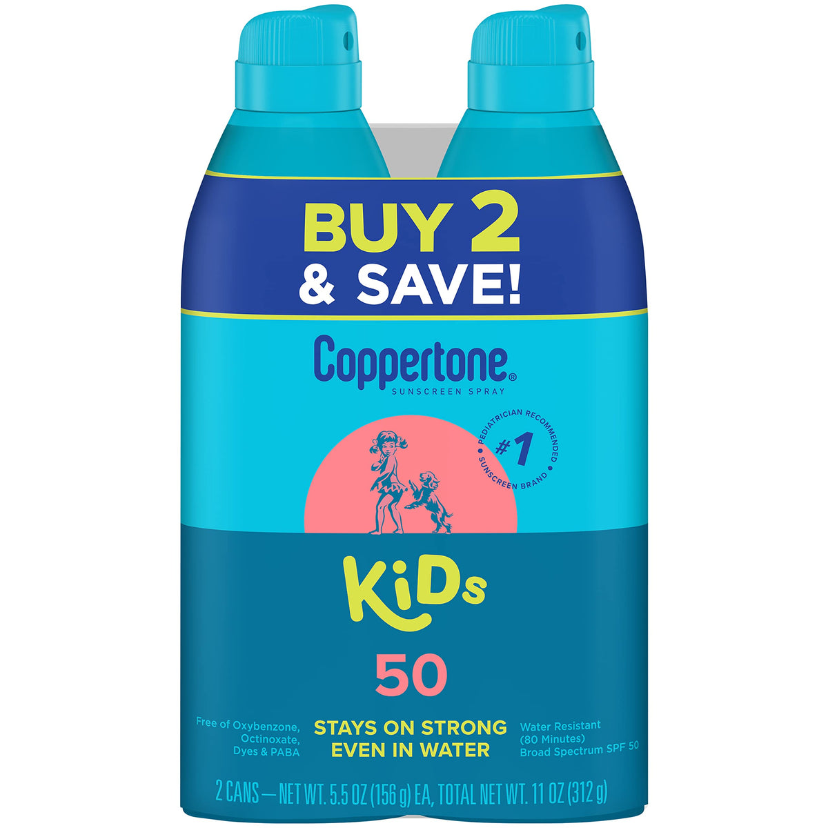 Coppertone Sunscreen Spray Spf 50 For Kids, Water Resistant, 5.5 Ounce (Pack Of 2)