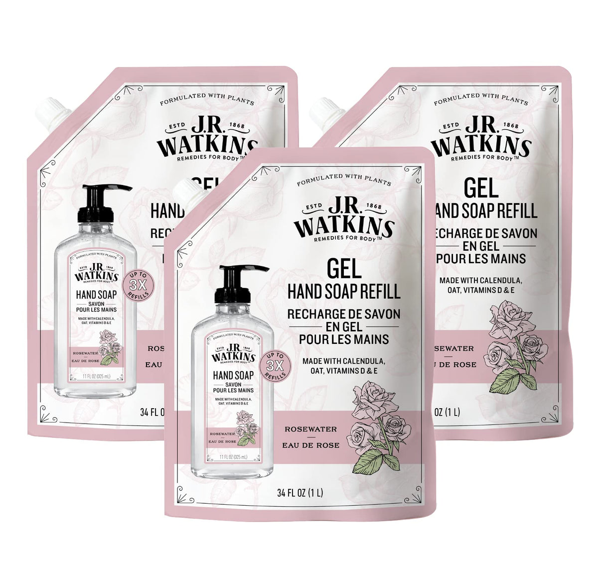 J.R. Watkins Rosewater Gel Hand Soap Refill, Alcohol-Free, 34 Fl Oz, 3 Pack, Moisturizing