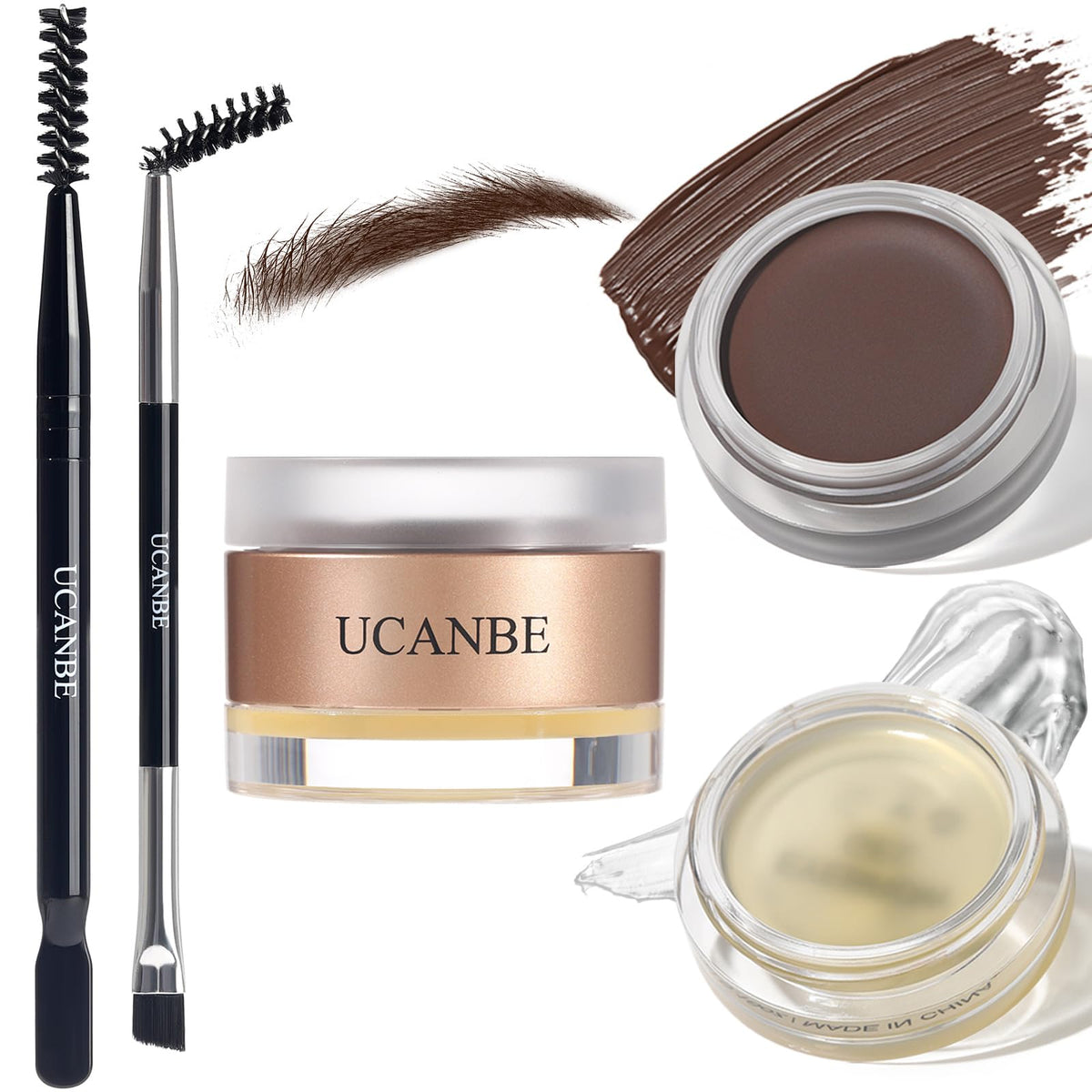 Ucanbe Waterproof Eyebrow Gel & Wax Kit With Dual-Ended Brush, Long Lasting, Brown Pomade