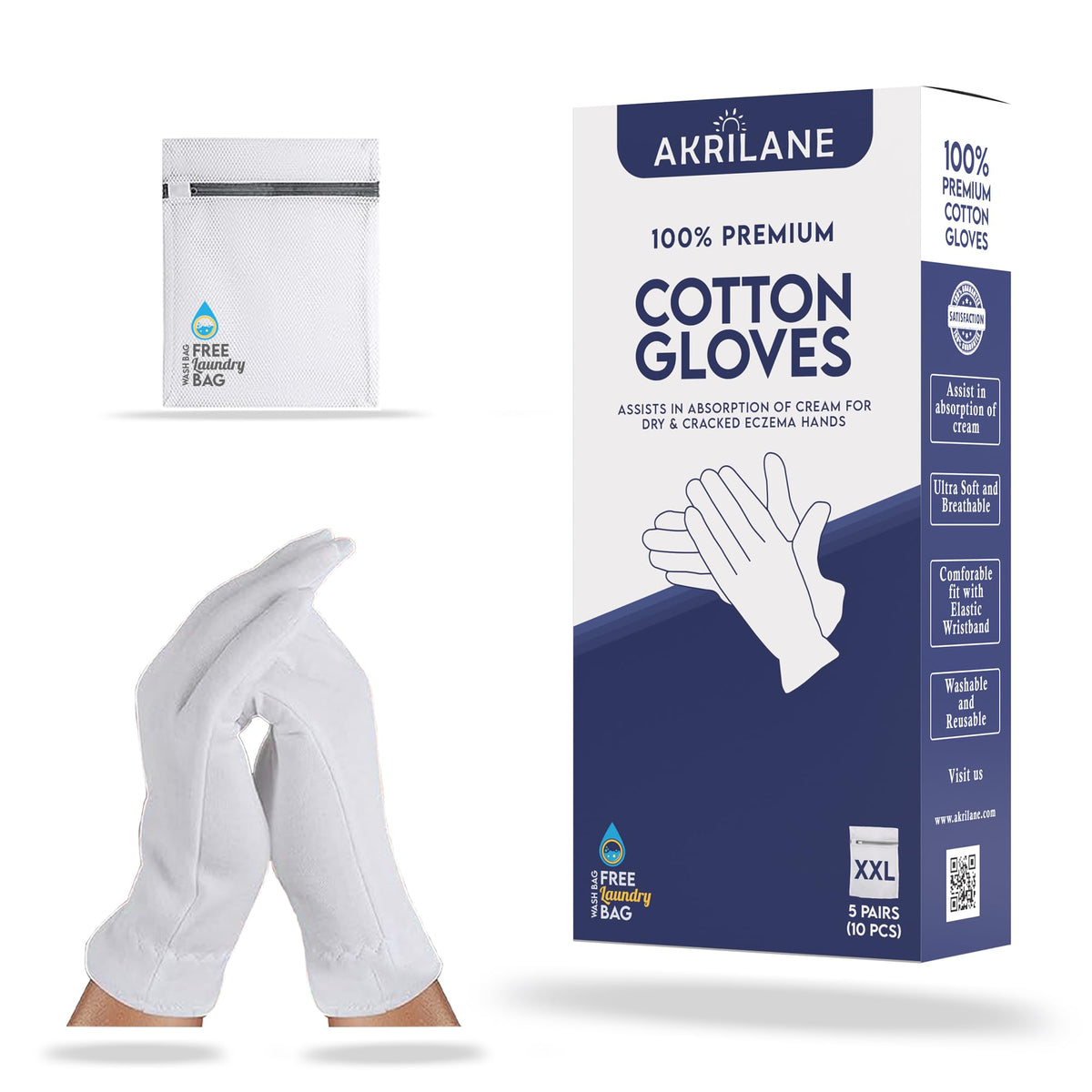 Akrilane Xxl Cotton Gloves - 5 Pairs For Dry Hands, Eczema & Psoriasis Treatment, Free Laundry Bag