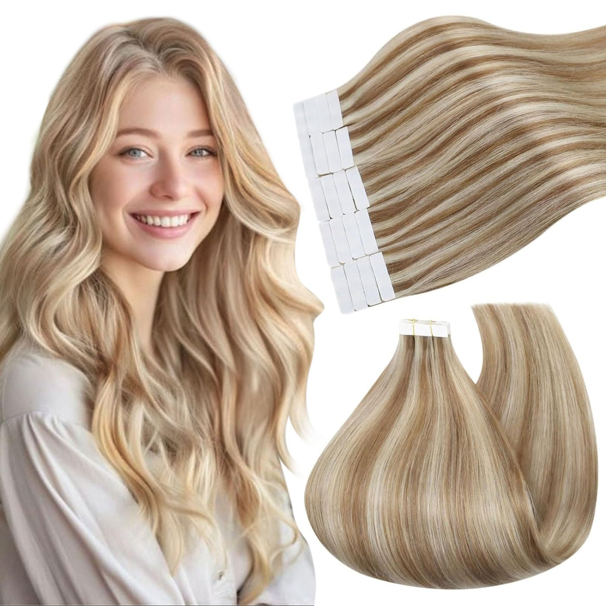 Ugeat 18&quot; Tape in Hair Extensions - Human Hair, Golden Blonde Highlights, 20Pcs 50G