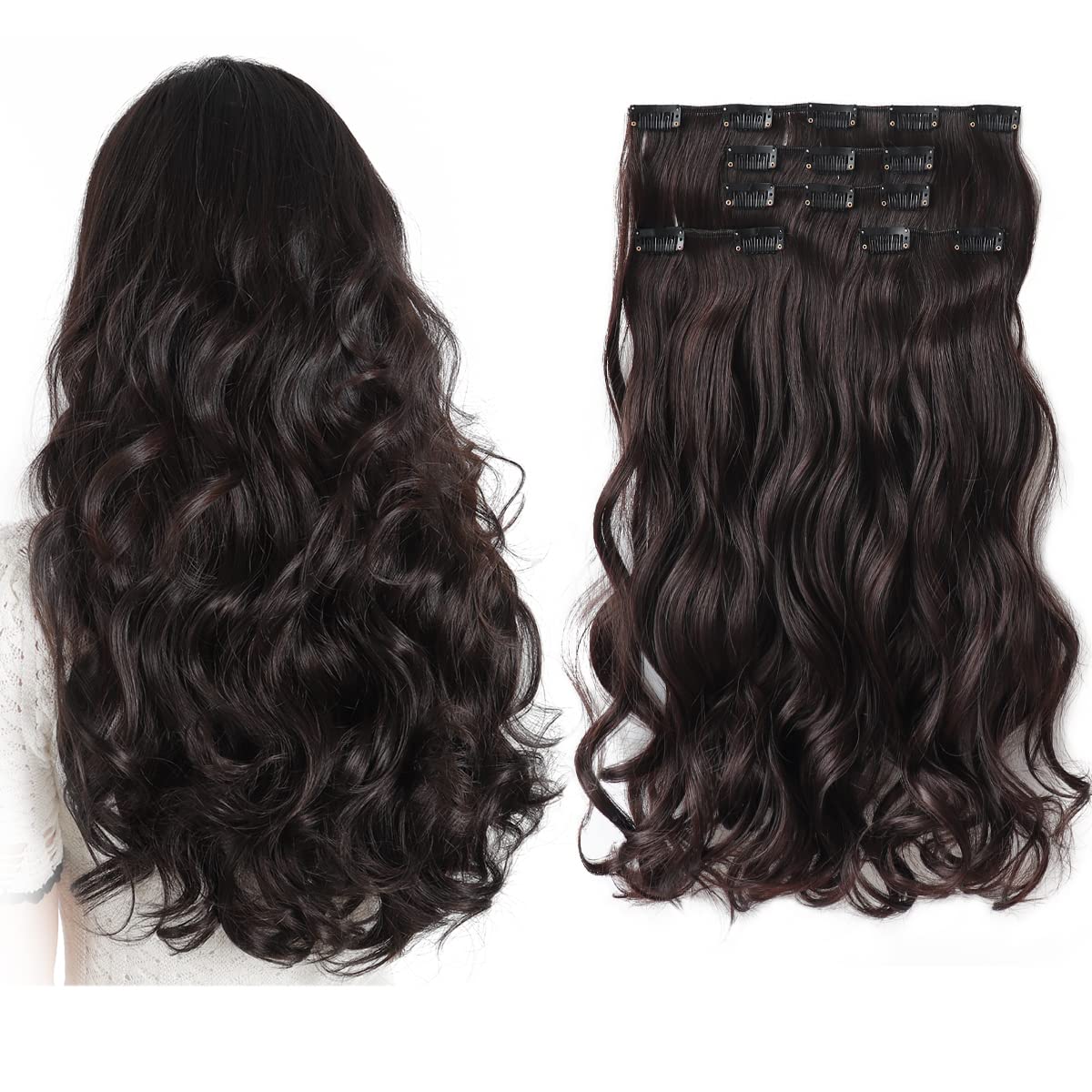 Hspjhtm 18&quot; Dark Brown Wavy Clip-In Hair Extensions, 5Pcs Synthetic Thick Hair Pieces