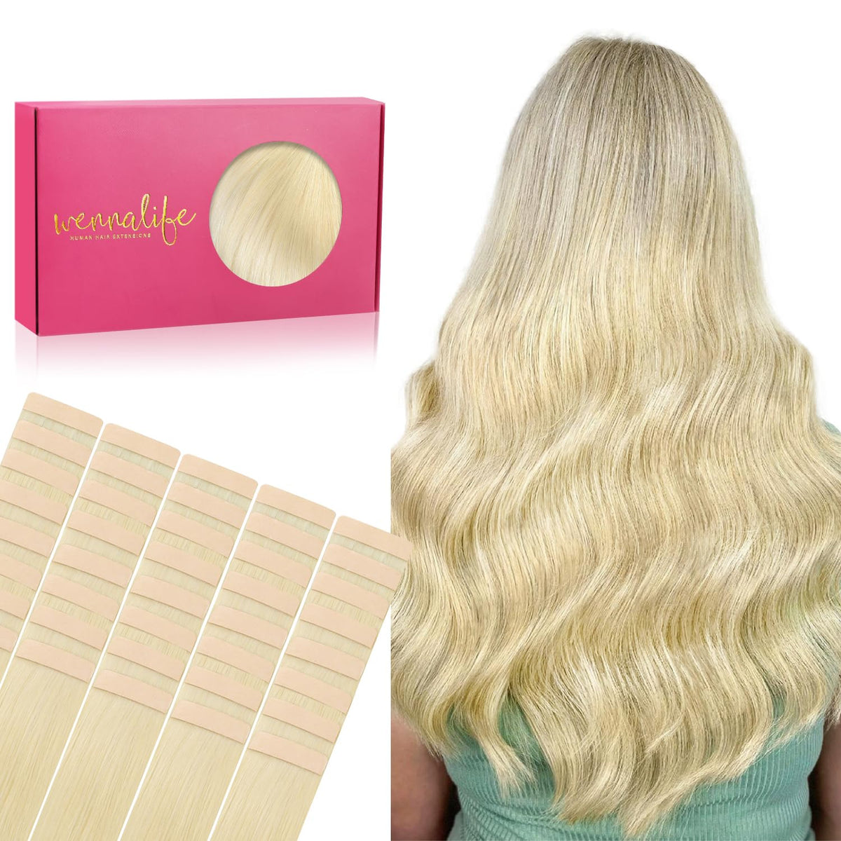 WENNALIFE 24&quot; Tape in Hair Extensions, 40pcs 100g Bleach Blonde Real Human Hair, Reusable