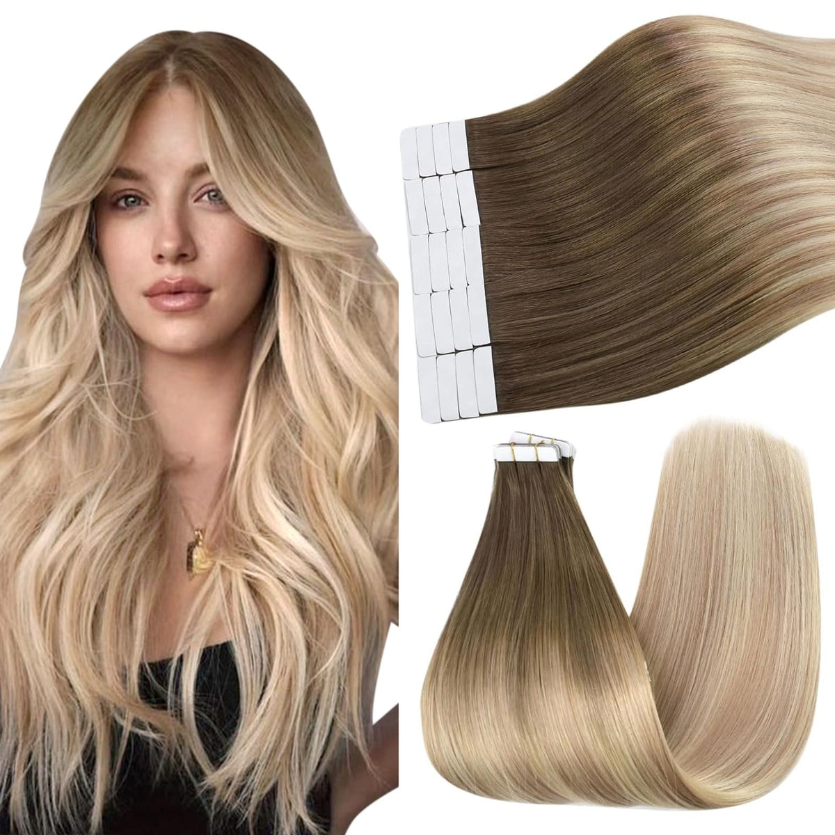 Ugeat Ombre Tape-in Human Hair Extensions 20in, 50g, Light Brown to Strawberry Blonde Balayage