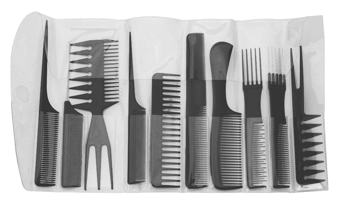 Diane D7901 10 PC Assorted Comb Kit - Black Plastic Hair Combs Set