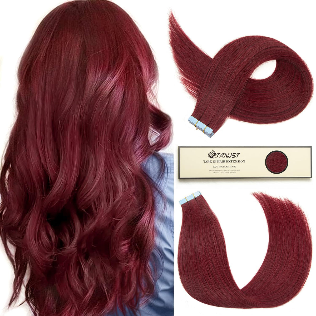 Tanjet 16&quot; Burgundy Tape In Extensions, 100% Remy Human Hair, Invisible Seamless Weft, 20Pcs