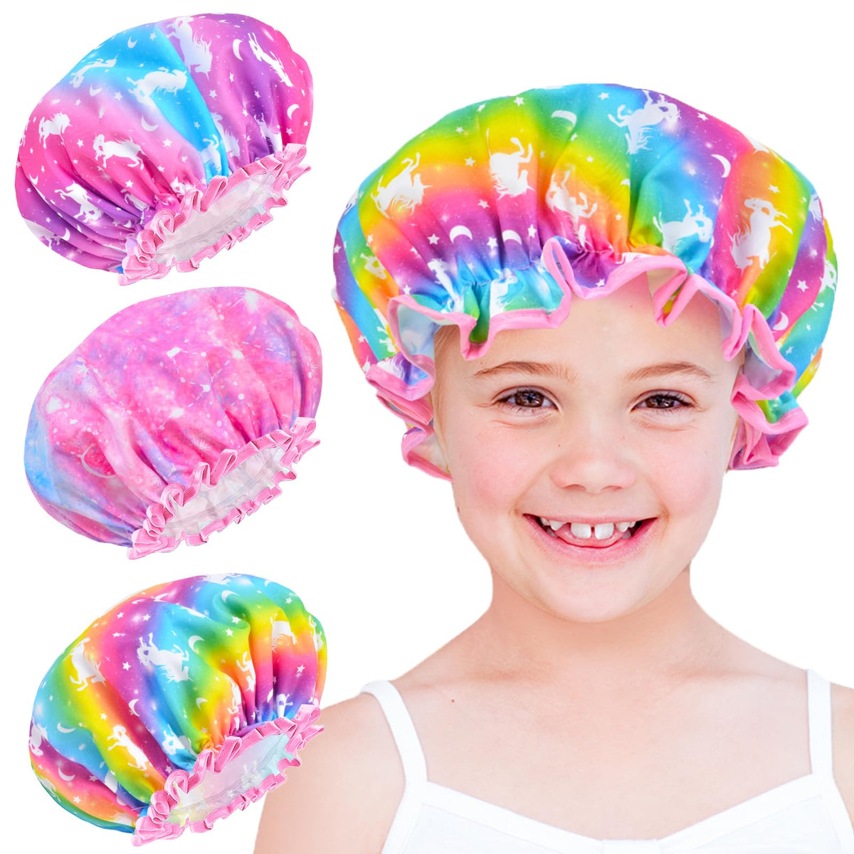 Macirept Unicorn Shower Cap For Kids - Adjustable Waterproof Hair Protection For Girls