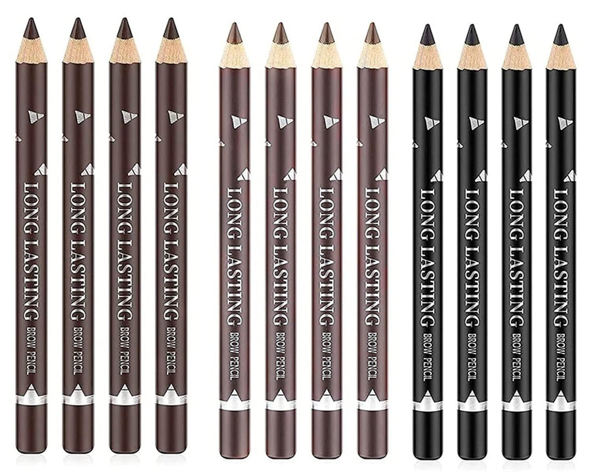 Go Ho 12 Pcs Eyebrow Pencils Set - Sweatproof, Long-Lasting, Black, Brown, Dark Brown