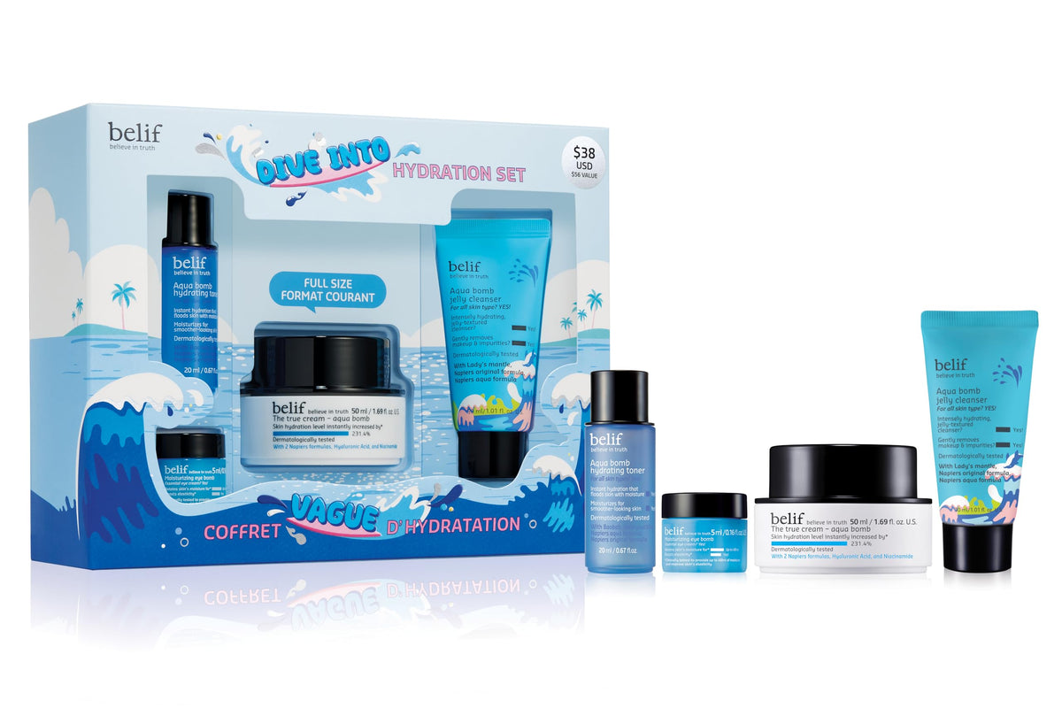 Belif Aqua Bomb Hydration Set | Korean Moisturizer, Toner, Cleansing Balm & Eye Cream