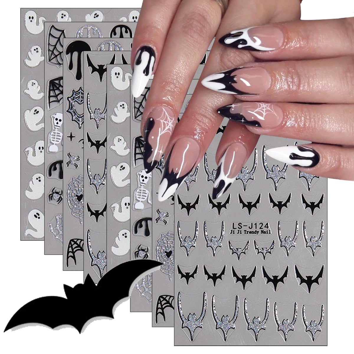 Osttma 8 Sheets Halloween Nail Art Stickers - Glitter Bat, Spider Web, Pumpkin, Ghost Designs