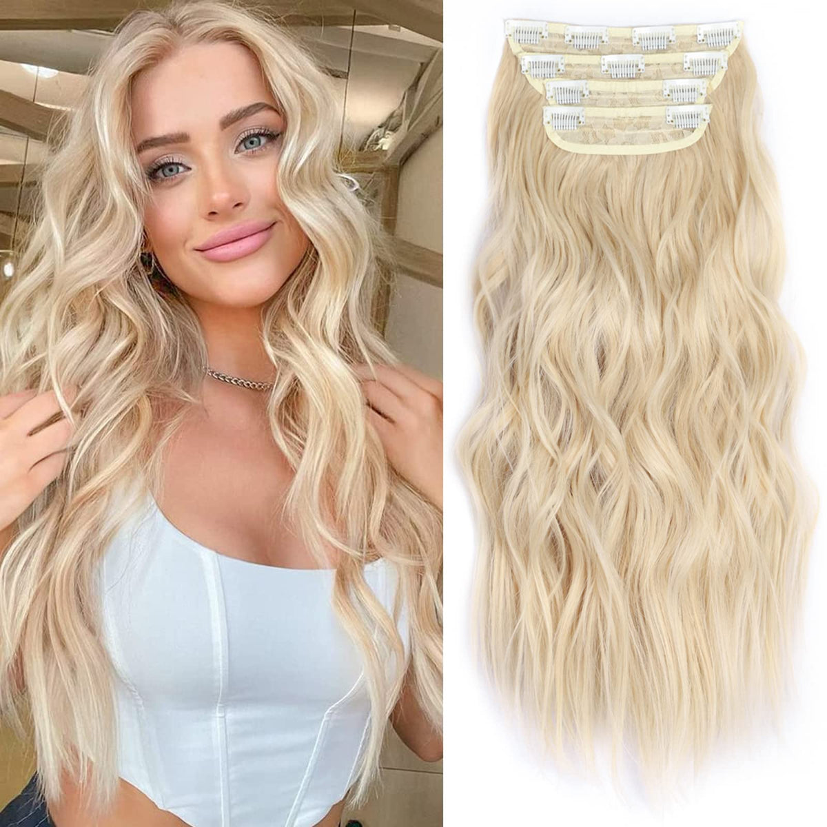 Alxnan 20 Inch Clip In Long Wavy Synthetic Hair Extensions - Thick Blonde Hairpieces 4Pcs