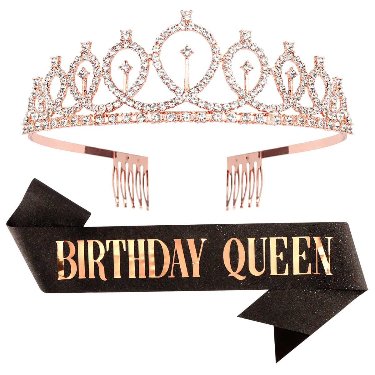 Cieher Rose Gold Birthday Crown & Sash Set - Crystal Tiara For Women Birthday Decorations